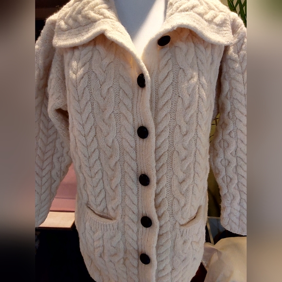 Aran Irish Fisherman Cable Knit Sweater Collared Neck 100% Wool Women Natural XL - Picture 2 of 13